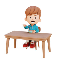 3D people Cartoon Boy eating breakfast healthy routine