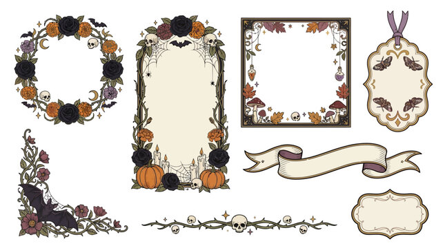 Vintage halloween border frames with pumpkins skulls bats and autumn flowers for scrapbooking invitations with decorative elements including pumpkins halloween themed borders collection vintage