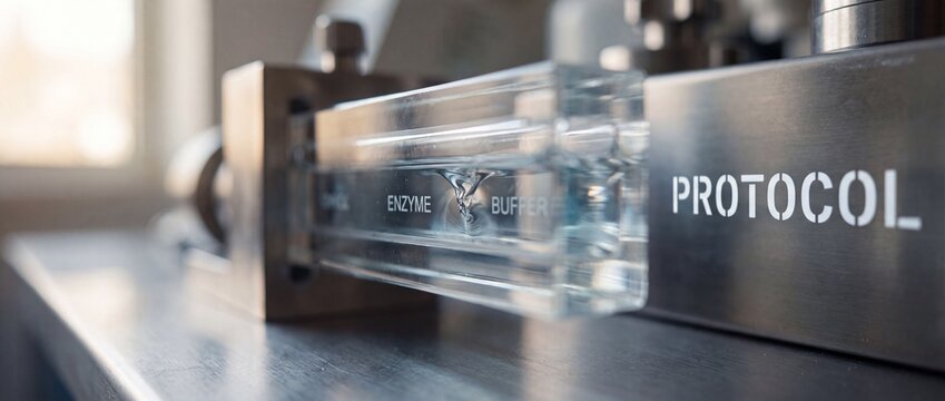 Laboratory flow cell glass cuvette mixing enzyme and buffer solution during scientific protocol experiment, modern steel equipment for pharmaceutical research and biotechnology development.