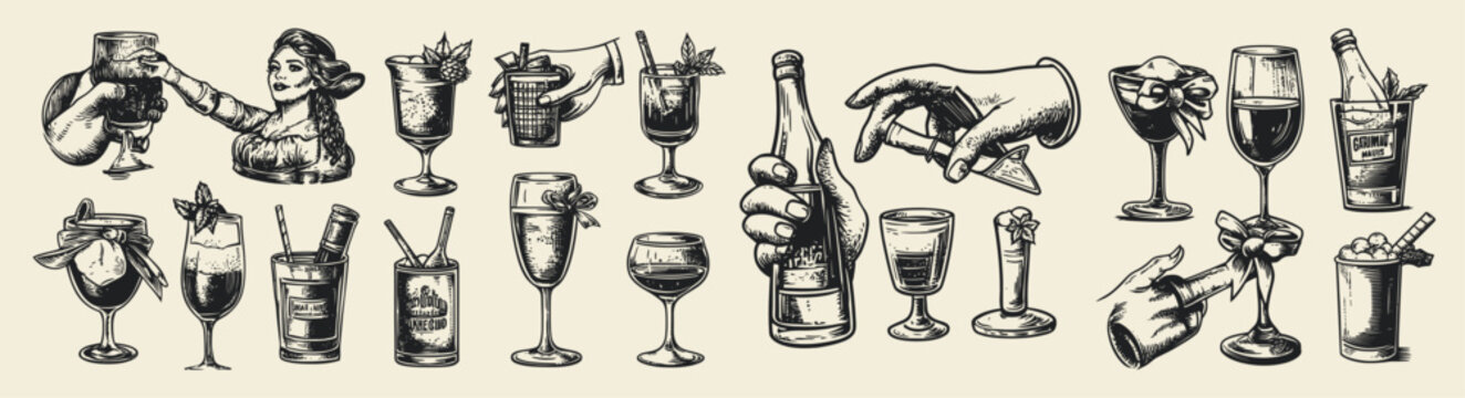 A detailed hand-drawn illustration featuring a variety of alcohol glasses, bottles, and drinkware, capturing a festive and social drinking atmosphere in monochrome style.