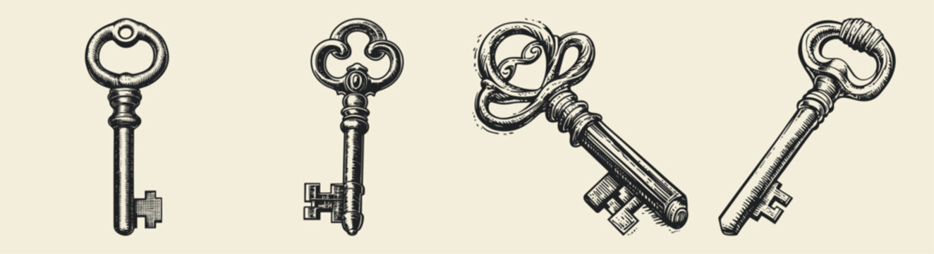 A collection of vintage metal keys showcasing various styles including antique, traditional, and rustic designs, ideal for decoration, historical themes, or collection.