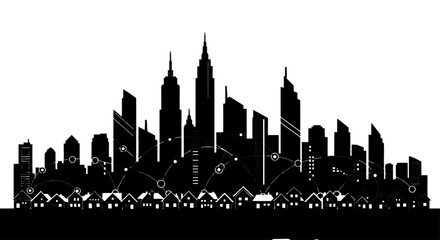 Obraz premium Vector illustration of smart city network skyline silhouette on a transparent background