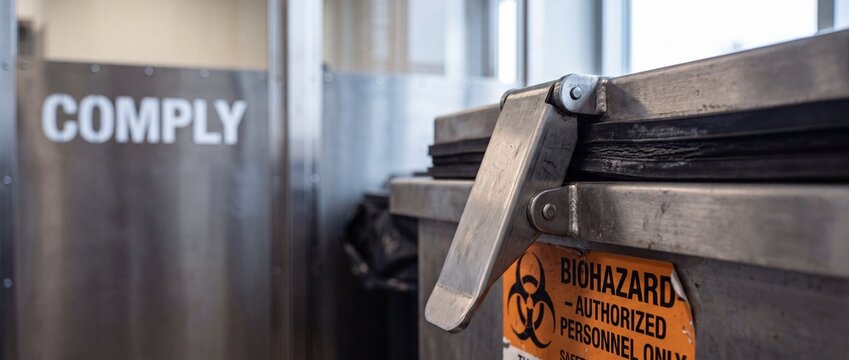 Biohazard container metal latch lock securing dangerous medical waste inside laboratory facility with comply sign on steel wall, representing research safety regulations, containment, science controls