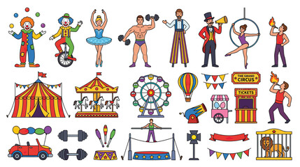 Circus Performance Elements: Performers, Tent, Rides, and Animals © Aziz