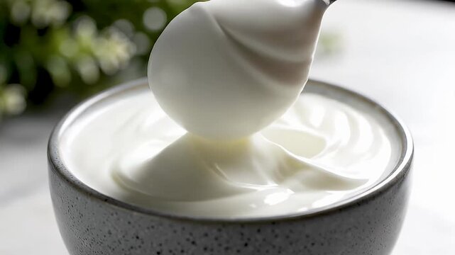 Creamy white yogurt in bowl with silver spoon.
