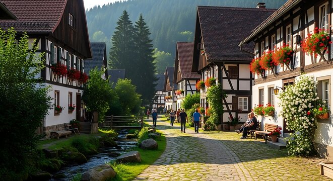 Picturesque village street with traditional half timbered houses and greenery