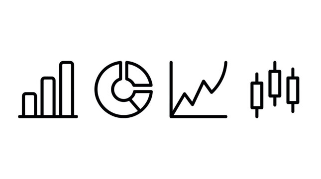 A collection of financial business icons featuring a bar chart, pie chart, line graph, and candlestick pattern. Minimalist line art vector set for analytics and data visualization.