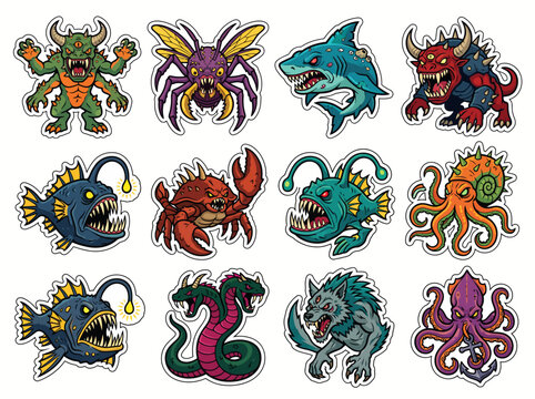 Fantasy monster sticker collection with creature