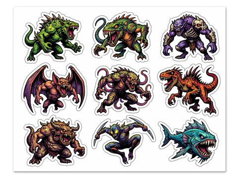 Set of various fantasy creature stickers with creature