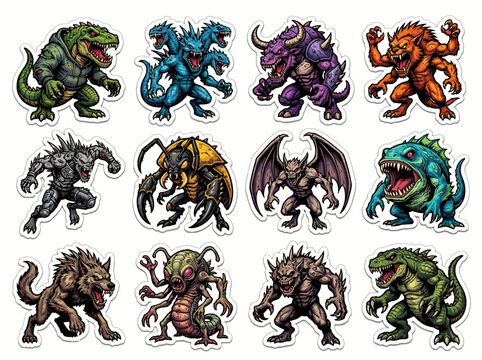 Set of cartoon fantasy monster stickers collection