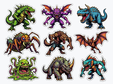 Fantasy monster sticker sheet design collection
