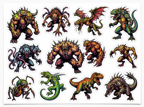 Detailed fantasy monster sticker collection design