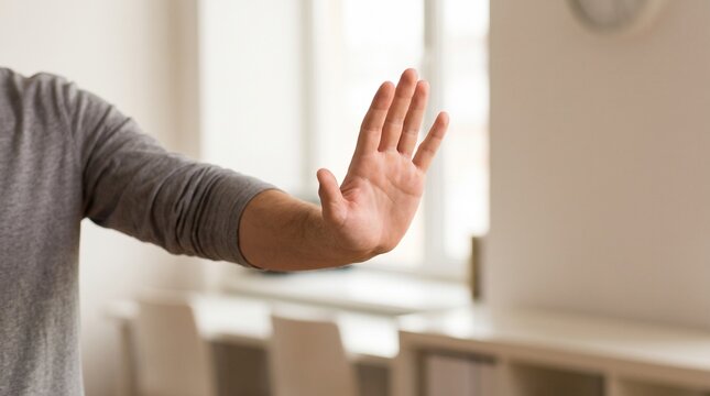 Man holding up hand in stop gesture indoors with blurred background
