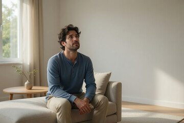 Fototapeta premium Thoughtful man living room sofa natural light casual clothing blue shirt beige pant modern interior window daytime mood Male mental health support concept