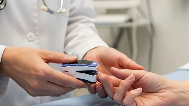 Pulse oximeter on patient finger close up, doctor measuring blood oxygen saturation and heart rate level during medical checkup in clinic hospital, health care monitoring concept
