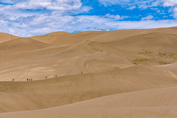 Groups of hikers climb the vast dune field in a line against blue sky, showing the enormous scale, Great Sand Dunes NP, Colorado. © ZL Visuals