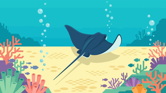 Stylized vector illustration of a dark blue stingray swimming over a yellow sandy seabed with colorful coral reefs, tropical fish, and air bubbles in clear blue water.