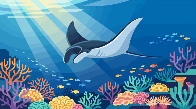 Stylized vector illustration of a giant manta ray gliding through a vibrant tropical coral reef with sunbeams penetrating the deep blue water.