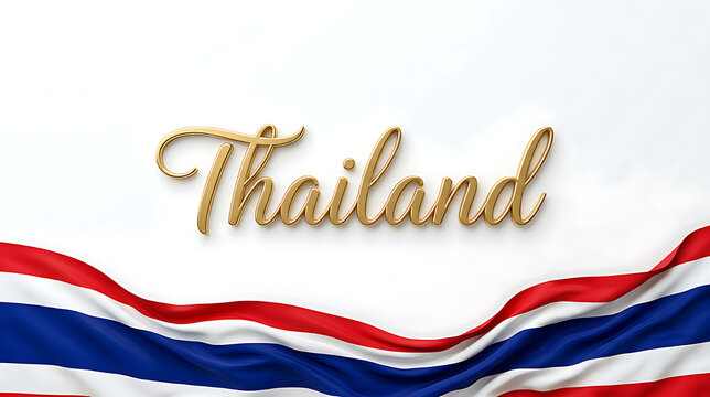 Elegant depiction of Thailand with flowing national flag and sophisticated golden script showcasing the country's name and