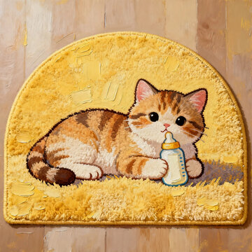 Impasto Oil Art of Half-Round Yellow Fluffy Rug, Cute Orange Tabby Kitten Holding Milk Bottle Lying on Carpet Over Light Wooden Floor