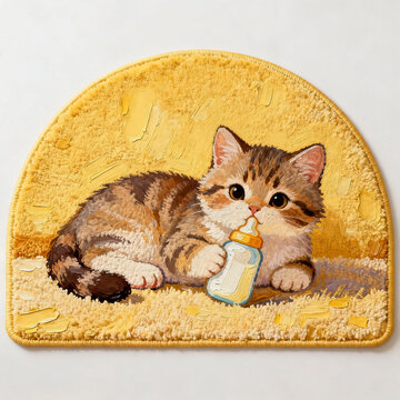 Impasto Oil Art of Half-Round Yellow Fluffy Rug, Cute Orange Tabby Kitten Holding Milk Bottle Lying on Carpet Over Light Wooden Floor