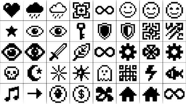 Set of various pixelated icons including infinity symbols eyes shapes and abstract elements.
