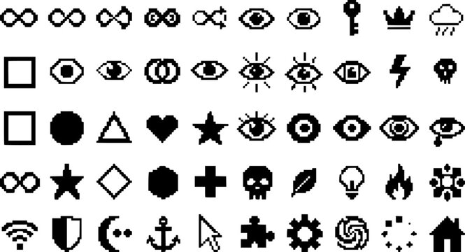 Set of various pixelated icons including infinity symbols eyes shapes and abstract elements.
