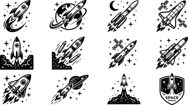 Collection of rocket ship icons with exhaust flames and stars, space travel.
