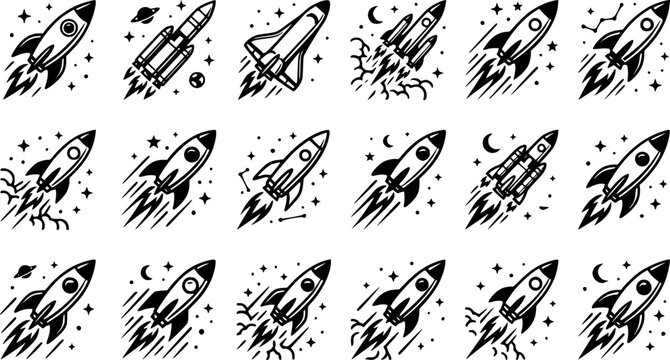 Collection of rocket ship icons with exhaust flames and stars, space travel.
