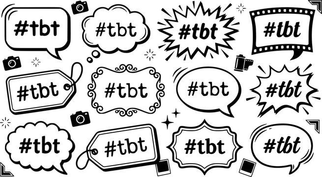 Varied speech bubble shapes featuring hashtag tbt text for vintage photo sharing concepts.
