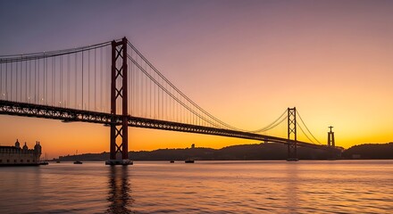 Obraz premium Suspension bridge spanning across water at sunset with dramatic sky