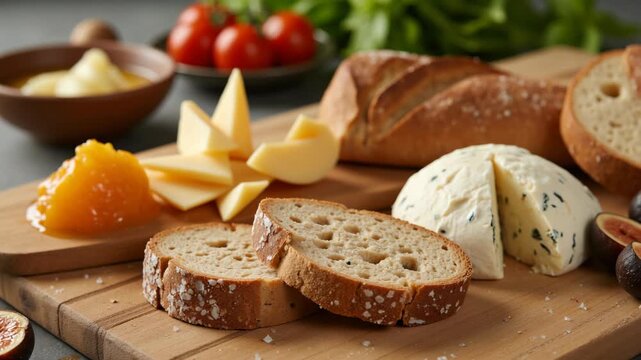 A variety of bread and cheese displayed in a wooden basket on a table with fresh vegetables in the background.