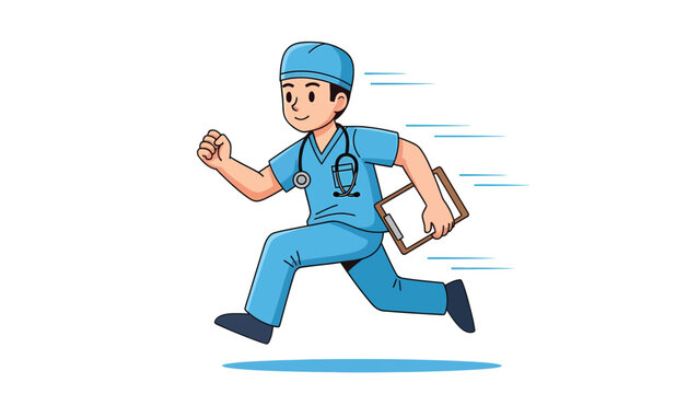 Cartoon doctor in blue scrubs and cap running with a stethoscope and clipboard.