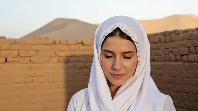 Desert woman in white hijab stands before adobe wall. Golden light bathes her serene expression. Distant dunes frame the warm, quiet scene. Her gaze meets the camera with calm dignity