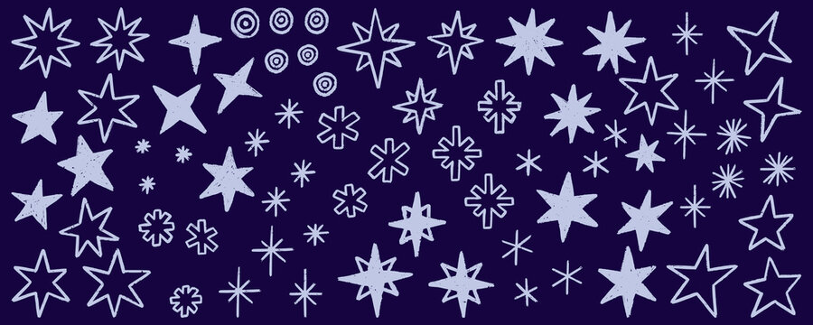 Hand drawn stars and sparkles with crayon texture collection. Starburst and pastel crayon scribble star set. Vector magic spark clip art isolated for holiday party event and promo.