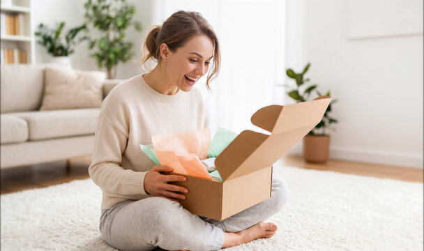 Woman opening delivery box with tissue paper in bright living room, exciting online shopping experience.