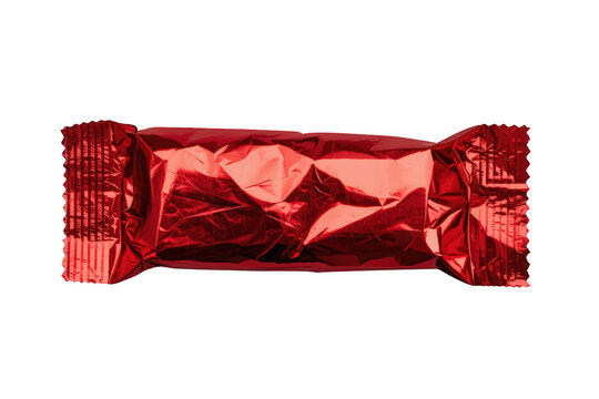 Red foil candy wrapper packaging a sweet chocolate bar or snack with crinkled surface on transparent background