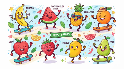 Fototapeta premium A vibrant illustration of happy cartoon fruits including banana, watermelon, pineapple, orange, apple, strawberry, mango, and pear, some skateboarding and some dancing, with a 