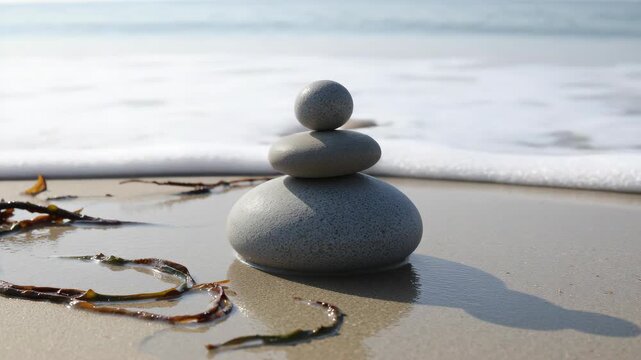 Stones stacked in the sand near the water's edge.