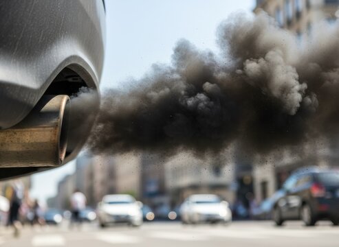 A close-up view of a car tailpipe emitting thick, dark black exhaust smoke into the city air.