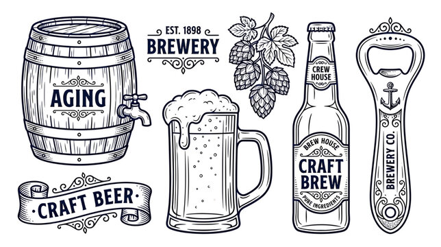 Craft Beer Brewery Set: Barrel, Hops, Bottle, Mug, Opener, Emblem