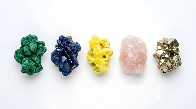 Five vibrant raw mineral specimens including malachite, azurite, sulfur, rose quartz and pyrite arranged neatly in a single horizontal row