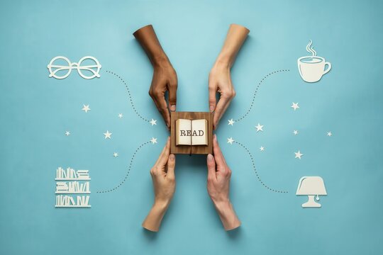 Four hands passing a box with a brain on it surrounded by icons