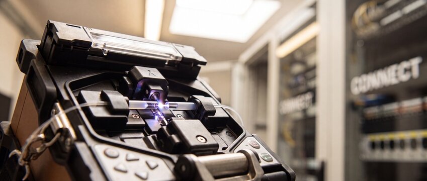 Fiber optic fusion splicer machine joining cable, splicing internet network wires in server room datacenter background, high tech telecommunication connection infrastructure maintenance technology.