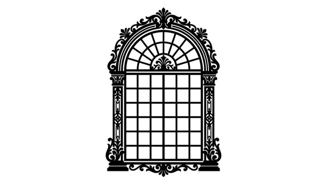 Ornate baroque arch window with intricate ironwork and classic design, decorative architectural element, isolated white background.