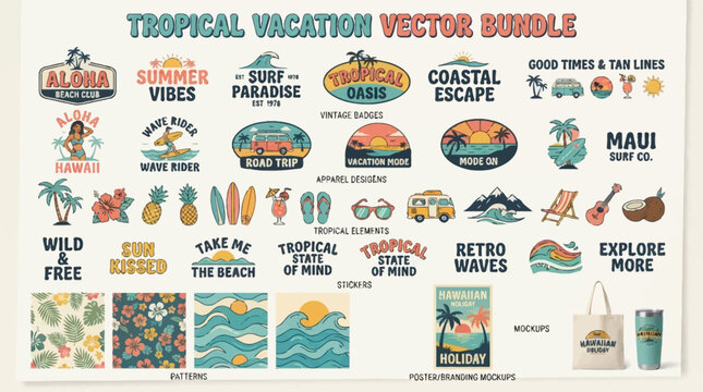 A comprehensive vector bundle featuring retro tropical vacation designs, including badges, apparel graphics, beach elements, seamless patterns, and mockups for summer-themed projects.