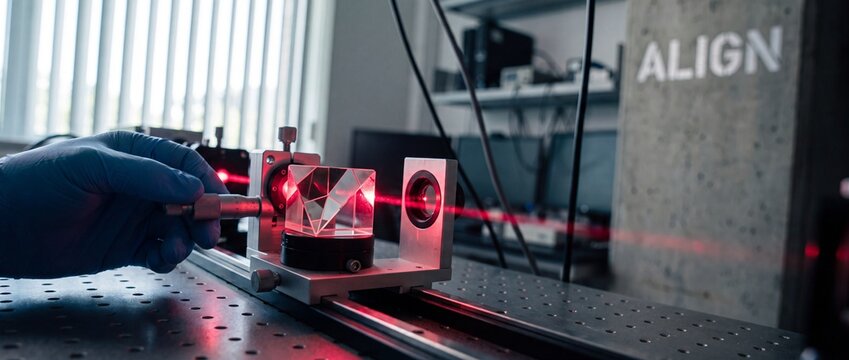 Laser alignment optics prism experiment with scientist hand in gloved finger adjusting micrometer on optical breadboard for physics research, science technology and light refraction laboratory.