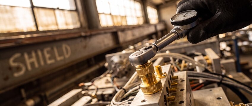 Industrial mechanic hand torque wrench calibration on brass hydraulic manifold valve in factory workshop, precision engineering maintenance and quality control check for manufacturing industry.