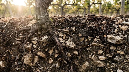 Obraz premium Old grapevine trunk with visible gnarled roots embedded deep into rocky soil showing natural texture and earthy brown organic tones