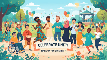 Fototapeta premium A vibrant illustration depicting a diverse group of people celebrating unity and harmony in a lively park setting with music, dancing, and balloons.
